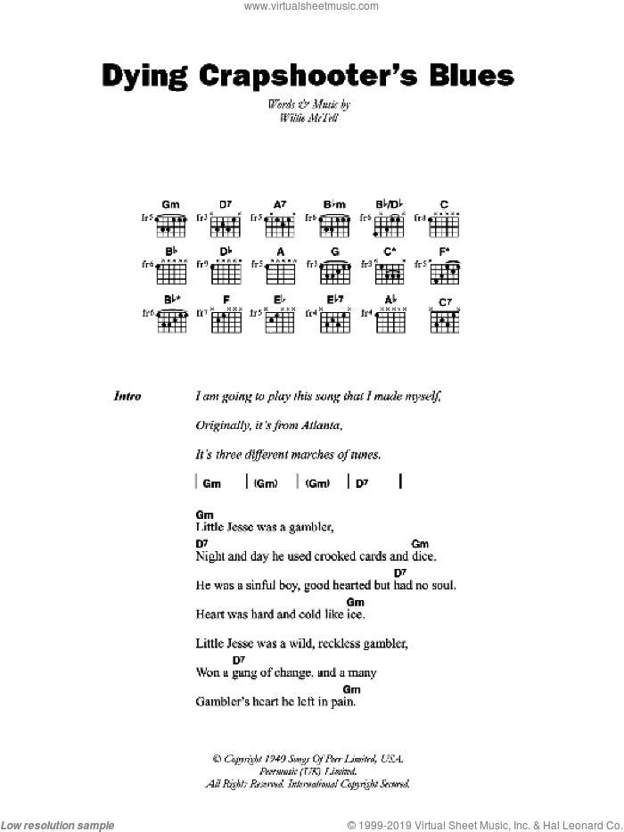 Dying Crapshooter's Blues sheet music for guitar (chords) by Blind Willie McTell and Willie McTell, intermediate skill level