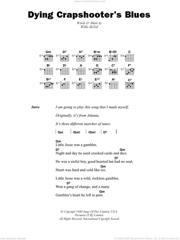 Dying Crapshooter's Blues sheet music for guitar (chords) by Blind Willie McTell and Willie McTell, intermediate skill level