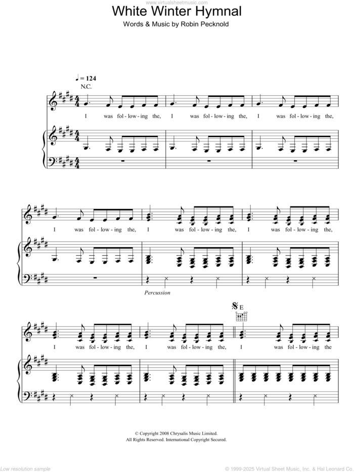 White Winter Hymnal sheet music for voice, piano or guitar by Fleet Foxes and Robin Pecknold, intermediate skill level