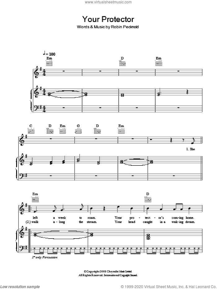 Your Protector sheet music for voice, piano or guitar by Fleet Foxes and Robin Pecknold, intermediate skill level
