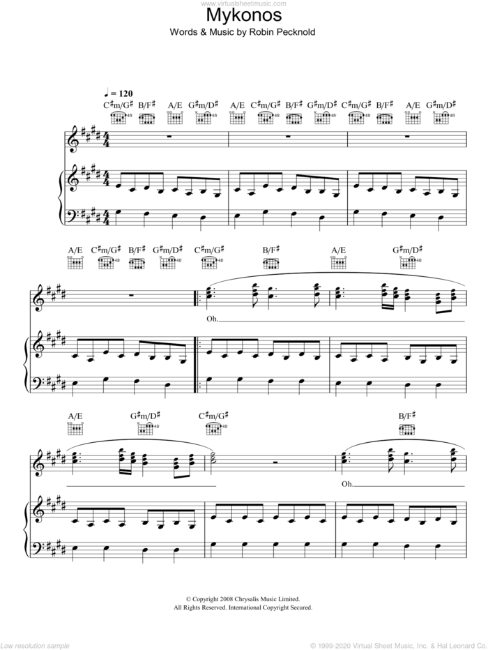 Mykonos sheet music for voice, piano or guitar by Fleet Foxes and Robin Pecknold, intermediate skill level