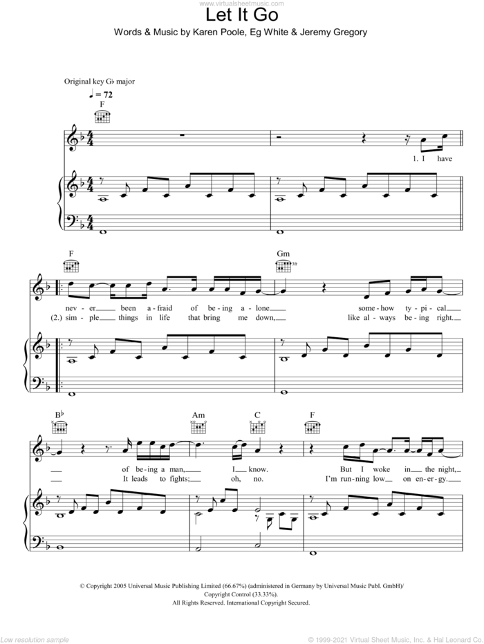 Let It Go sheet music for voice, piano or guitar by Will Young, Eg White, Jeremy Gregory and Karen Poole, intermediate skill level