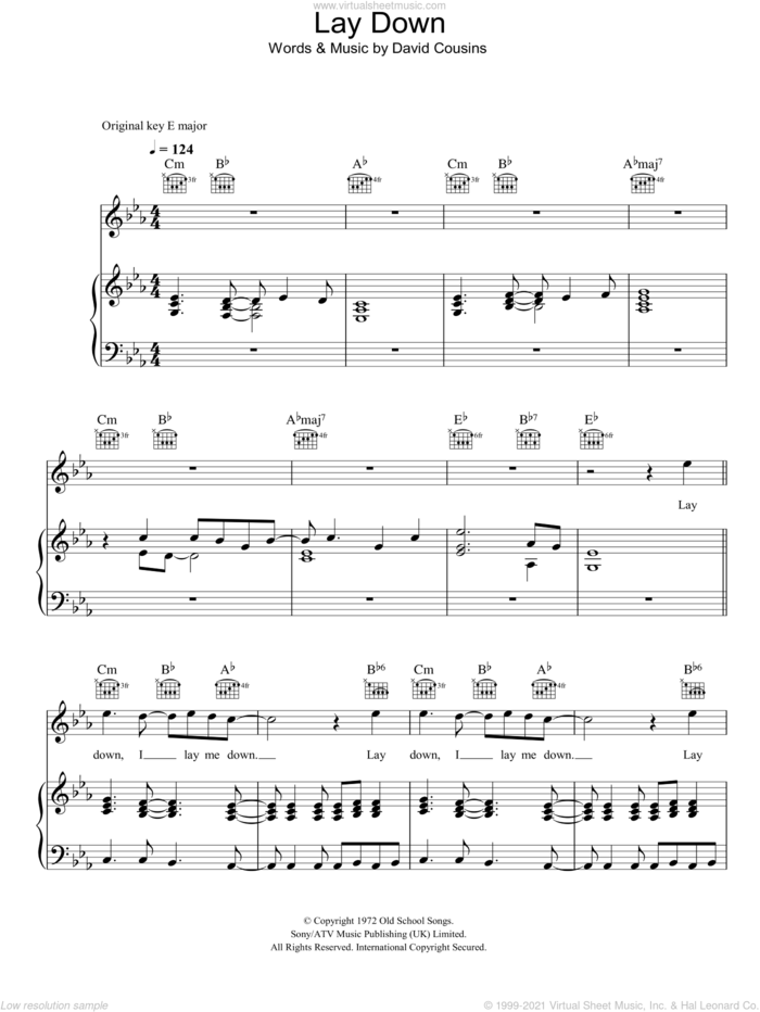 Lay Down sheet music for voice, piano or guitar by The Strawbs and David Cousins, intermediate skill level