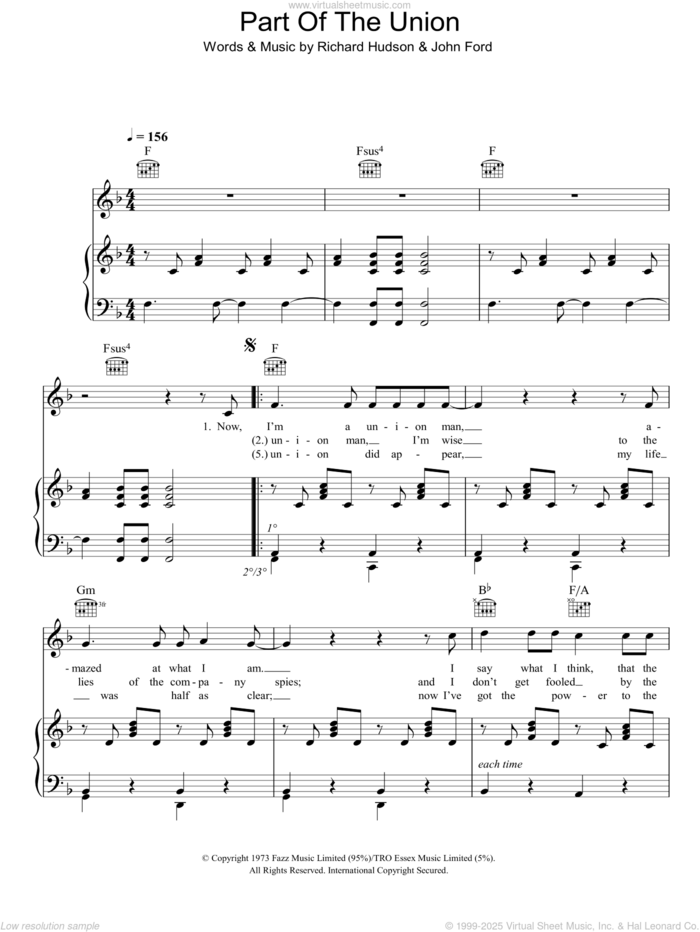 Part Of The Union sheet music for voice, piano or guitar by The Strawbs, John Ford and Richard Hudson, intermediate skill level