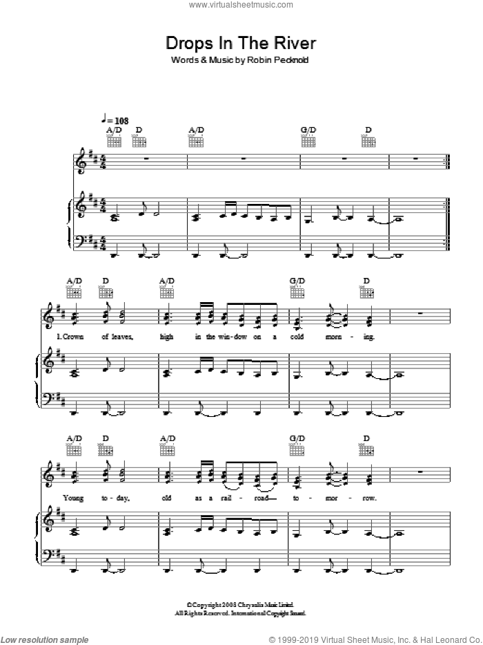 Drops In The River sheet music for voice, piano or guitar by Fleet Foxes and Robin Pecknold, intermediate skill level
