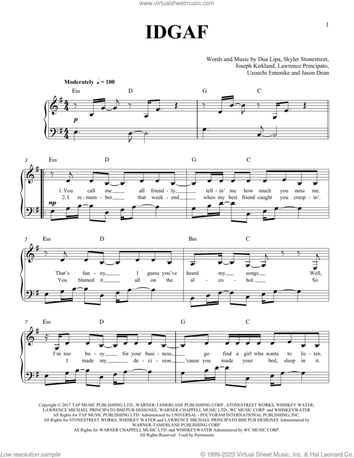 IDGAF, (easy) sheet music for piano solo by Dua Lipa, Jason Dean, Joseph Kirkland, Lawrence Principato, Skyler Stonestreet and Uzoechi Emenike, easy skill level