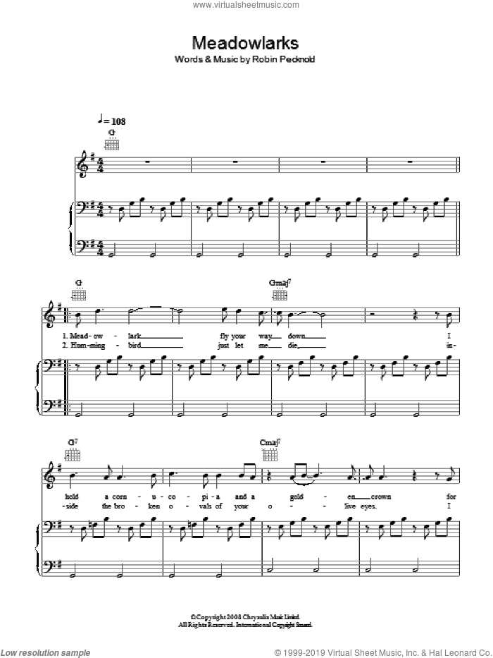 Meadowlarks sheet music for voice, piano or guitar by Fleet Foxes and Robin Pecknold, intermediate skill level