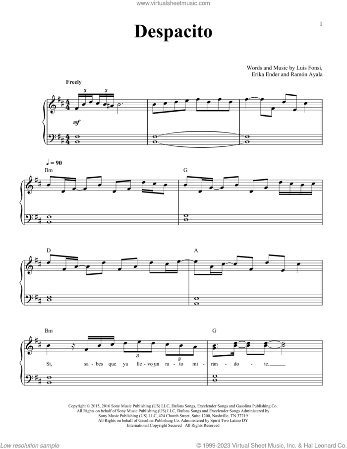 Despacito (feat. Daddy Yankee) sheet music for piano solo by Luis Fonsi, Daddy Yankee, Erika Ender and Ramon Ayala, easy skill level