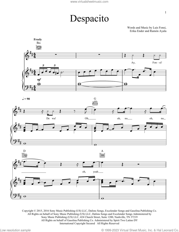 Despacito (feat. Daddy Yankee) sheet music for voice, piano or guitar by Luis Fonsi, Daddy Yankee, Erika Ender and Ramon Ayala, intermediate skill level