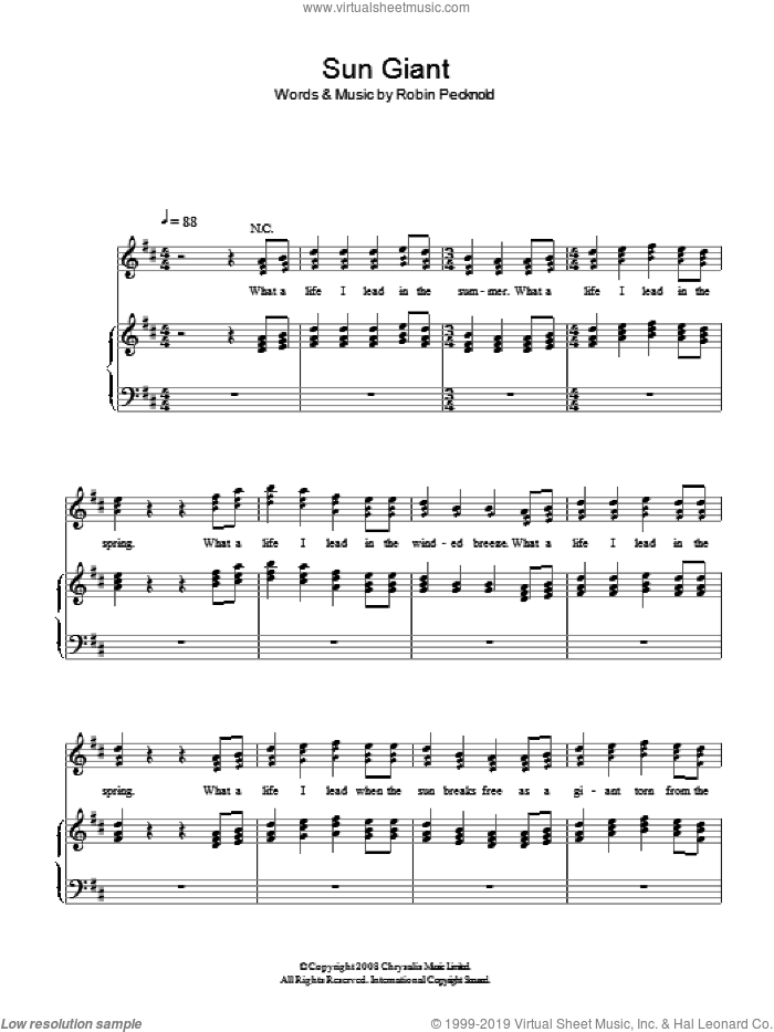 Sun Giant sheet music for voice, piano or guitar by Fleet Foxes and Robin Pecknold, intermediate skill level