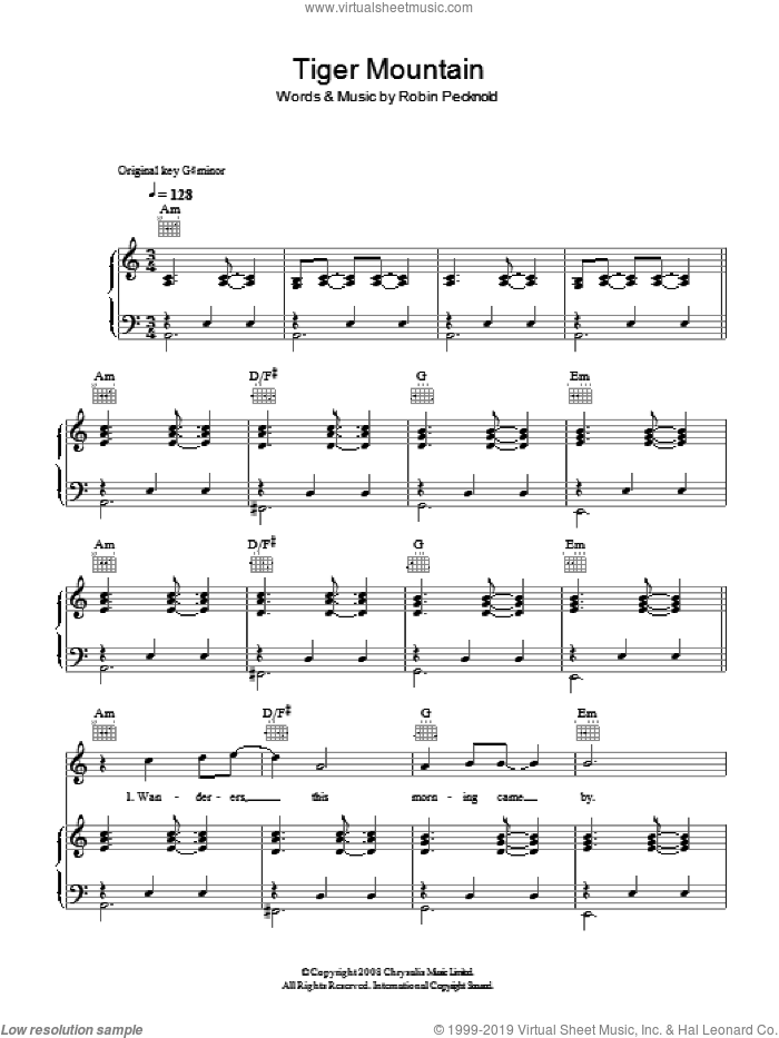 Tiger Mountain Peasant Song sheet music for voice, piano or guitar by Fleet Foxes and Robin Pecknold, intermediate skill level
