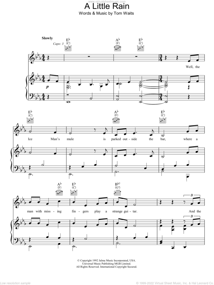 A Little Rain sheet music for voice, piano or guitar by Tom Waits, intermediate skill level