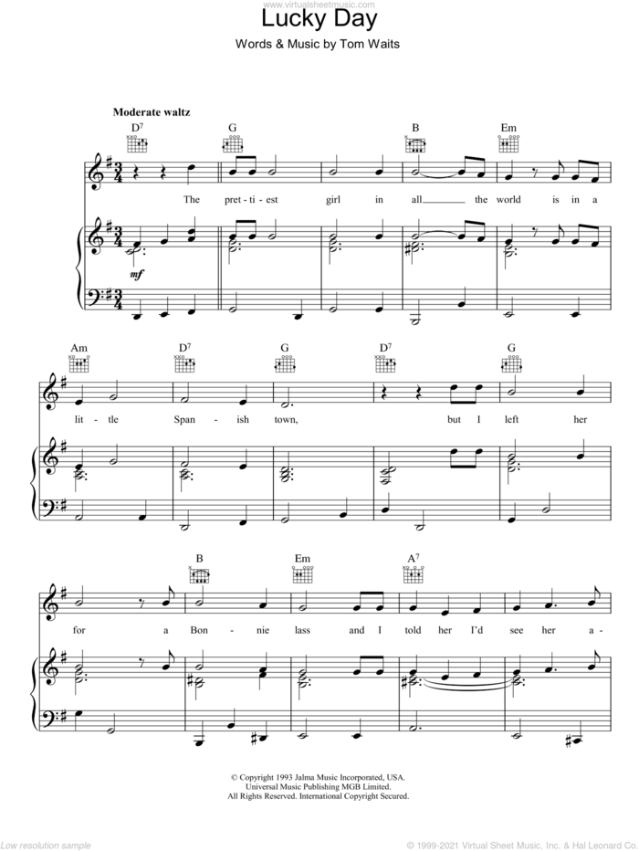 Lucky Day sheet music for voice, piano or guitar by Tom Waits, intermediate skill level