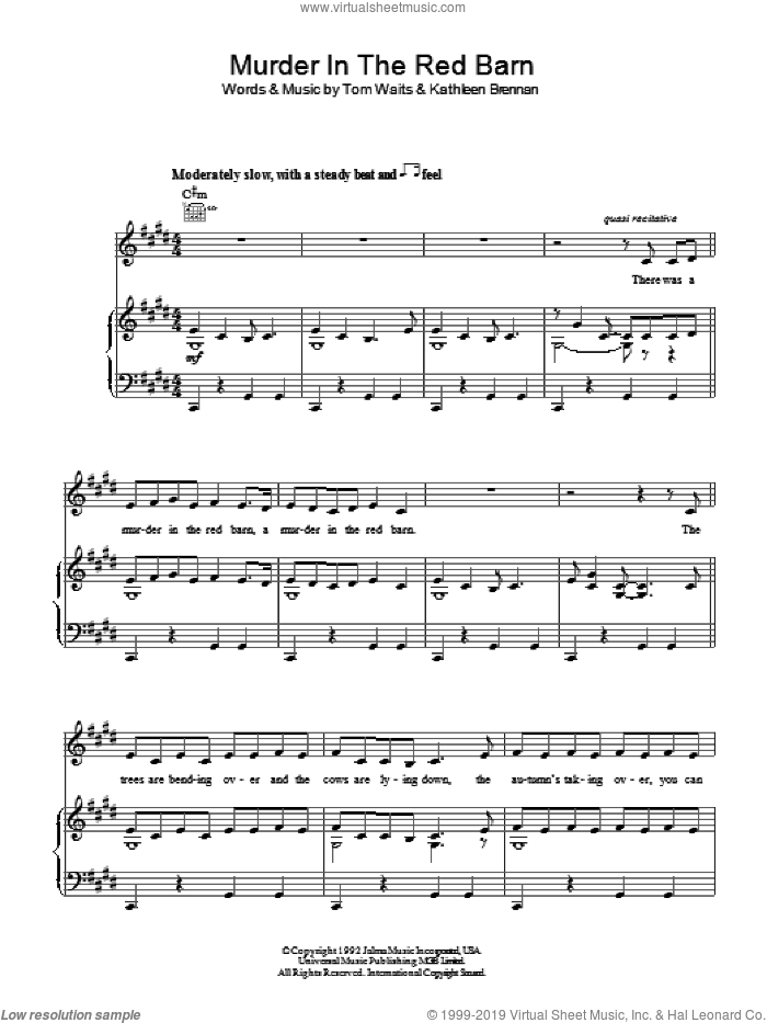 Murder In The Red Barn sheet music for voice, piano or guitar by Tom Waits and Kathleen Brennan, intermediate skill level