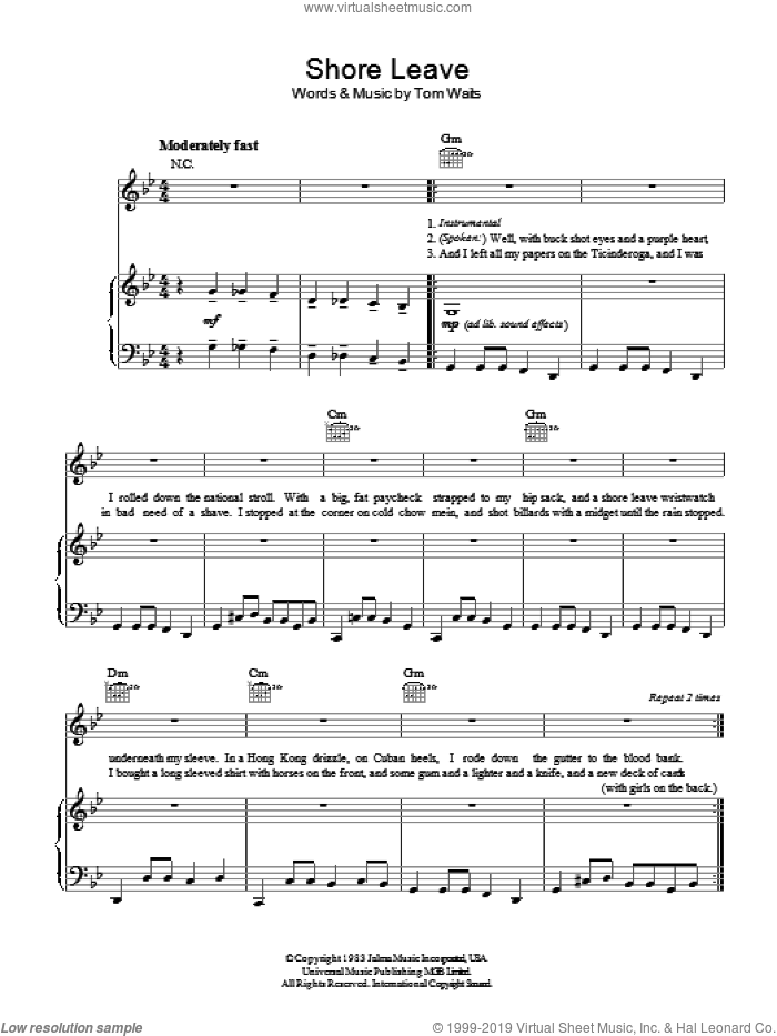 Shore Leave sheet music for voice, piano or guitar by Tom Waits, intermediate skill level