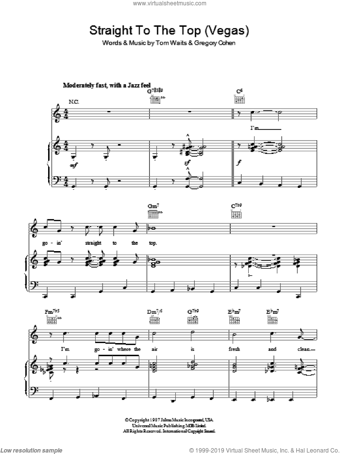 Straight To The Top (Vegas) sheet music for voice, piano or guitar by Tom Waits and Gregory Cohen, intermediate skill level