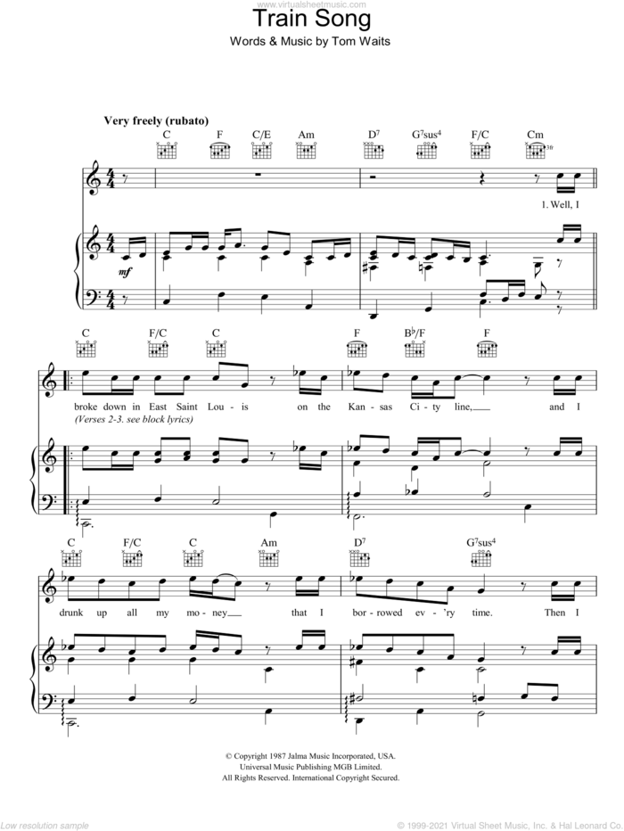 Train Song sheet music for voice, piano or guitar by Tom Waits, intermediate skill level