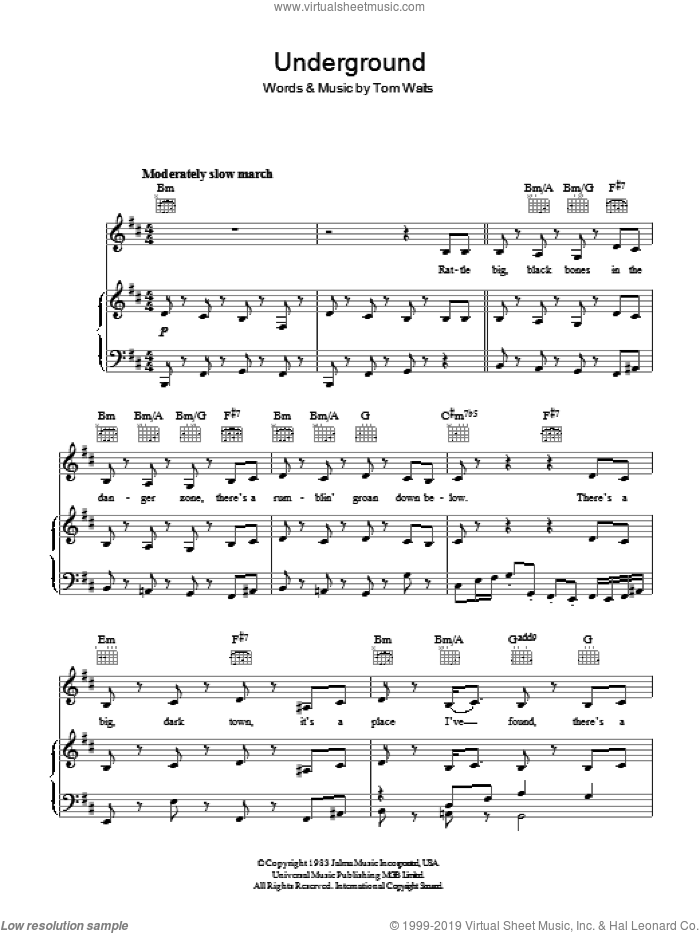Underground sheet music for voice, piano or guitar by Tom Waits, intermediate skill level