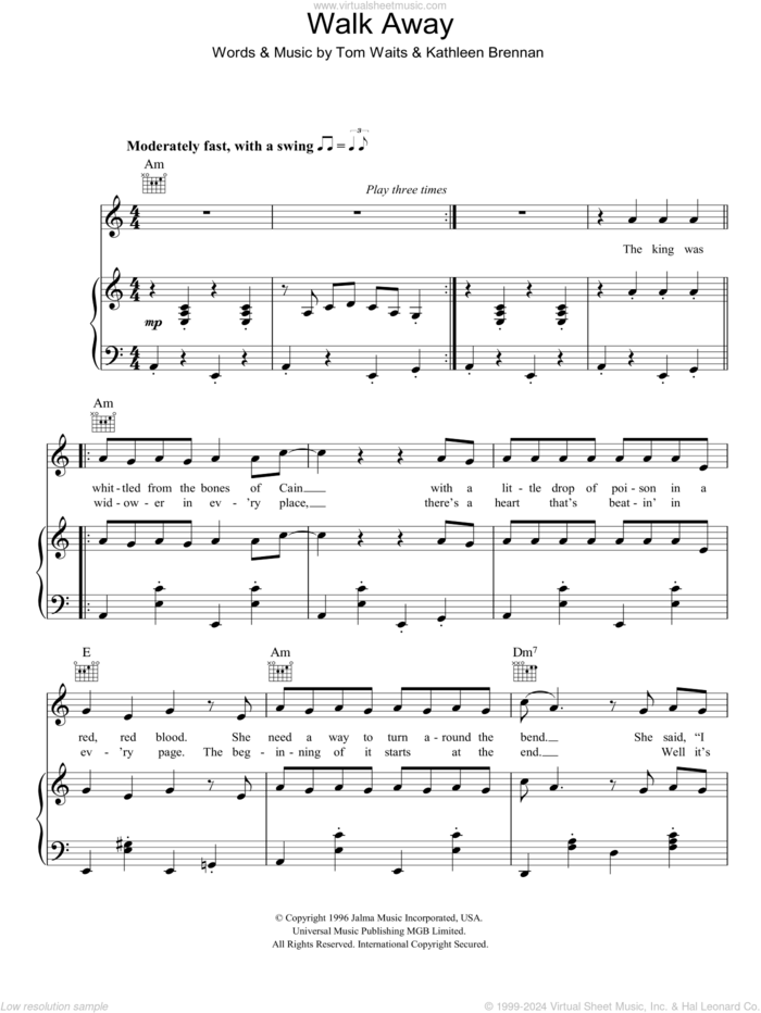 Walk Away sheet music for voice, piano or guitar by Tom Waits and Kathleen Brennan, intermediate skill level