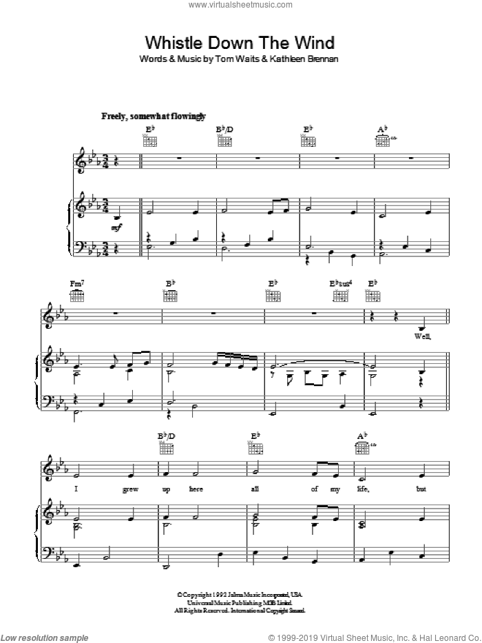 Whistle Down The Wind sheet music for voice, piano or guitar by Tom Waits and Kathleen Brennan, intermediate skill level