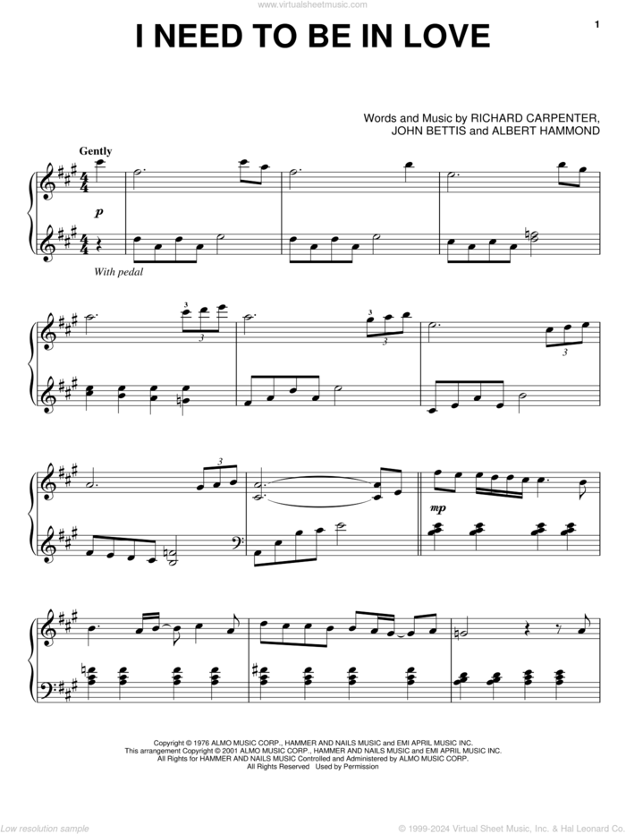 I Need To Be In Love sheet music for piano solo by Carpenters, Albert Hammond, John Bettis and Richard Carpenter, intermediate skill level