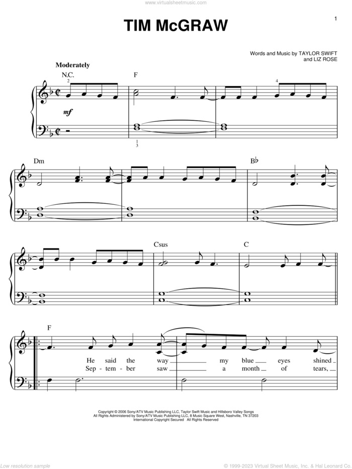 Tim McGraw sheet music for piano solo by Taylor Swift and Liz Rose, easy skill level