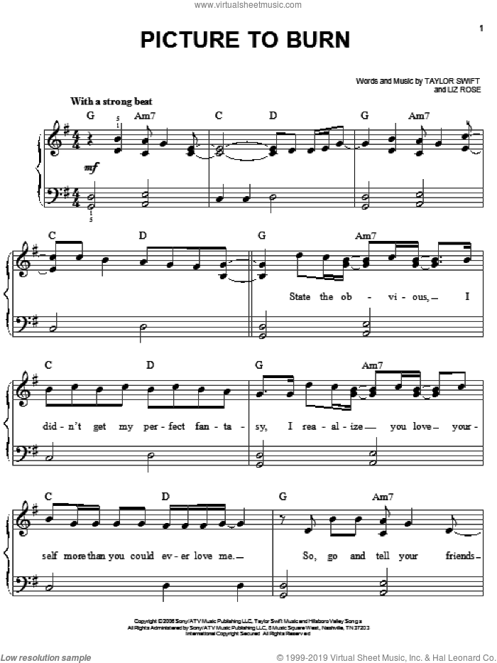 Picture To Burn sheet music for piano solo by Taylor Swift and Liz Rose, easy skill level