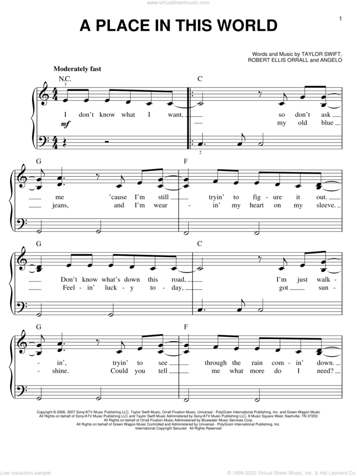 A Place In This World sheet music for piano solo by Taylor Swift, Patty Griffin and Robert Ellis Orrall, easy skill level