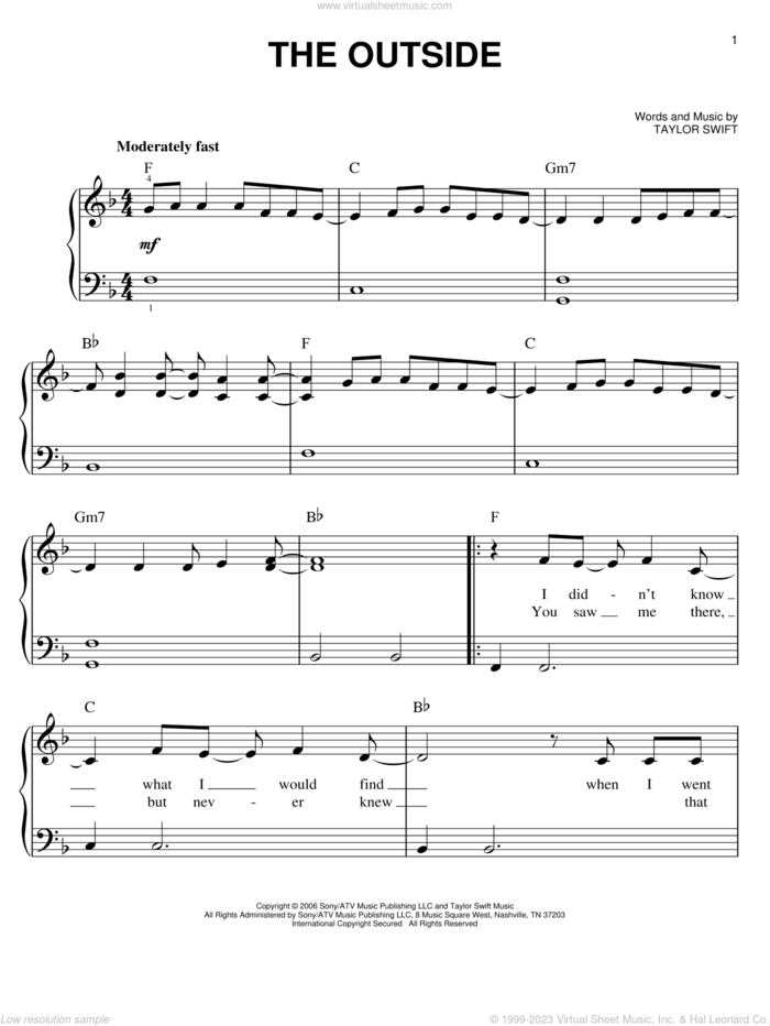 The Outside sheet music for piano solo by Taylor Swift, easy skill level