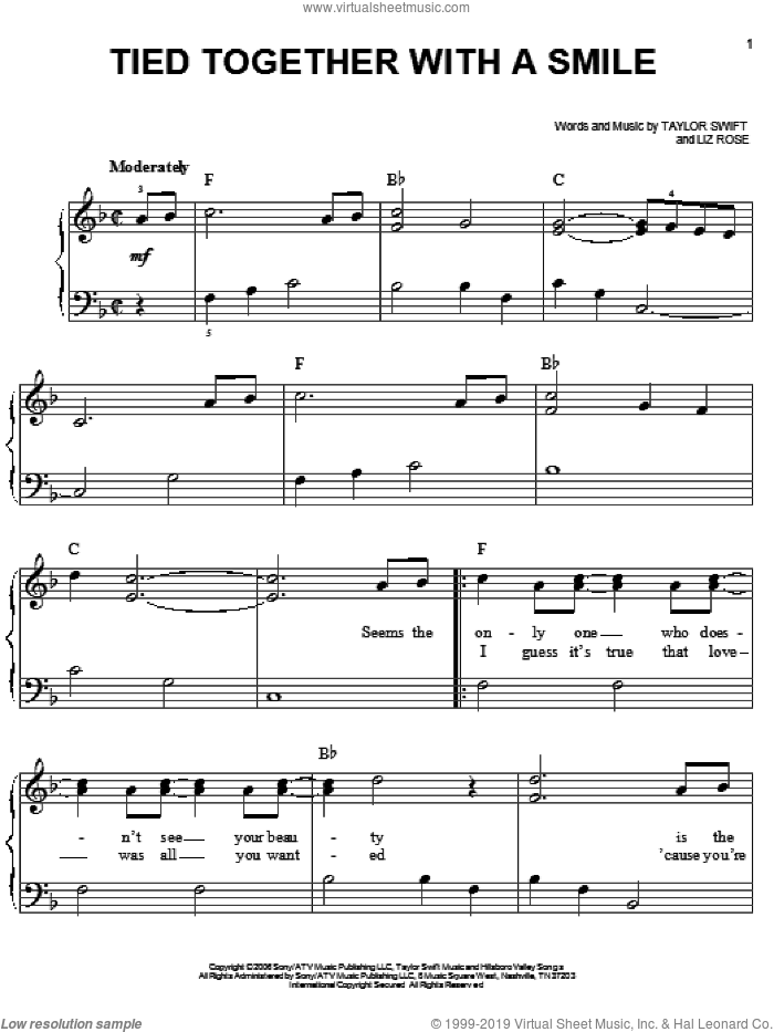 Tied Together With A Smile sheet music for piano solo by Taylor Swift and Liz Rose, easy skill level