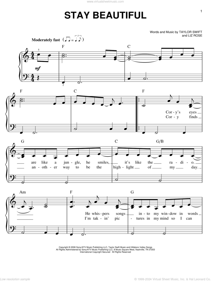 Stay Beautiful sheet music for piano solo by Taylor Swift and Liz Rose, easy skill level