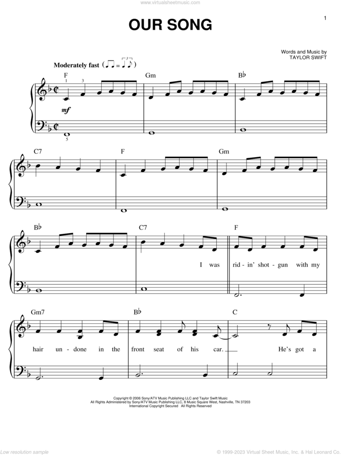 Our Song, (easy) sheet music for piano solo by Taylor Swift, easy skill level