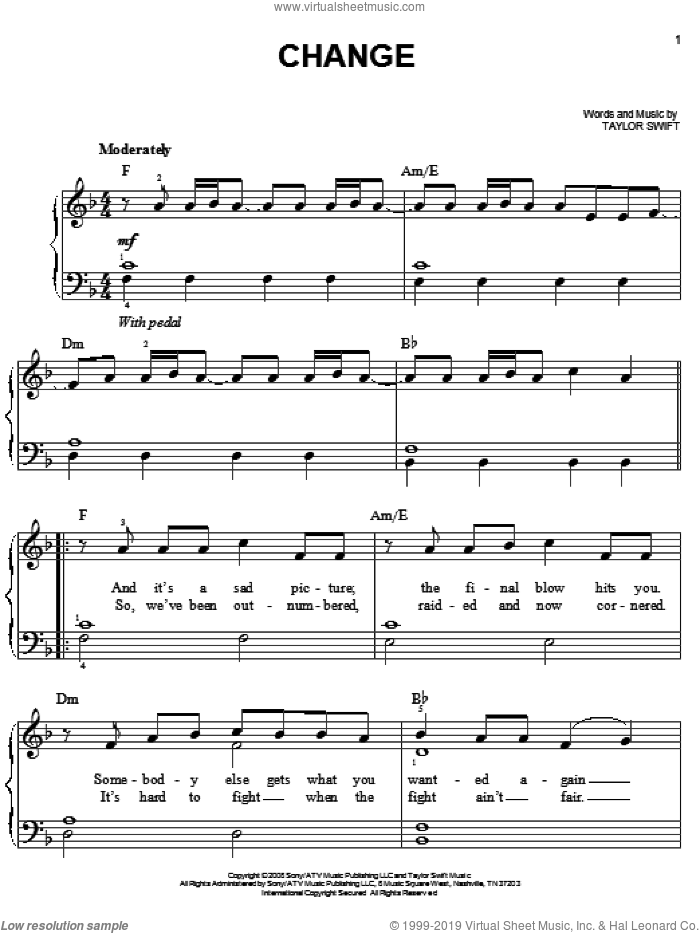 Change, (easy) sheet music for piano solo by Taylor Swift, easy skill level