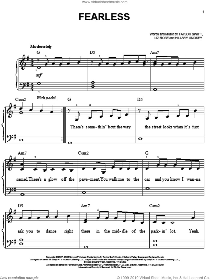 Fearless, (easy) sheet music for piano solo by Taylor Swift, Hillary Lindsey and Liz Rose, easy skill level