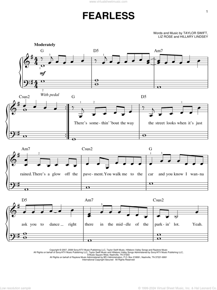 Fearless, (easy) sheet music for piano solo by Taylor Swift, Hillary Lindsey and Liz Rose, easy skill level
