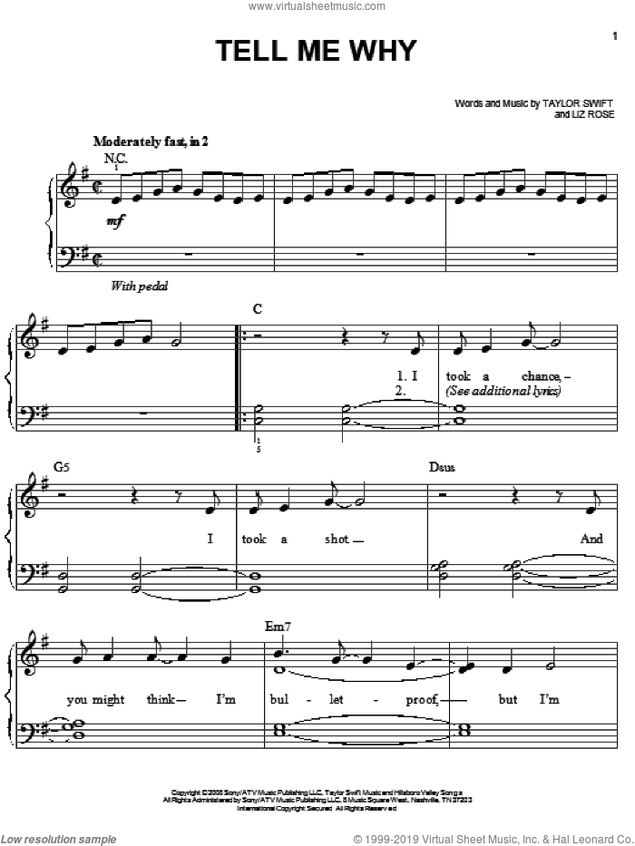 Tell Me Why sheet music for piano solo by Taylor Swift and Liz Rose, easy skill level
