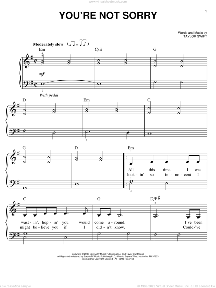 You're Not Sorry sheet music for piano solo by Taylor Swift, easy skill level