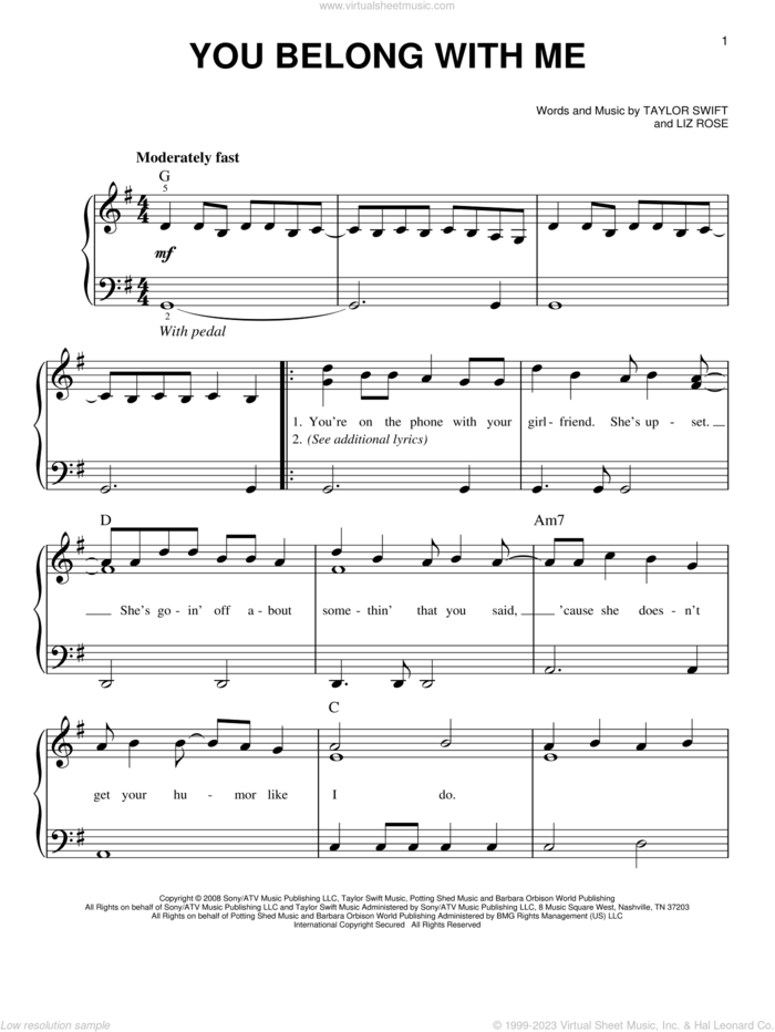 You Belong With Me, (easy) sheet music for piano solo by Taylor Swift and Liz Rose, easy skill level