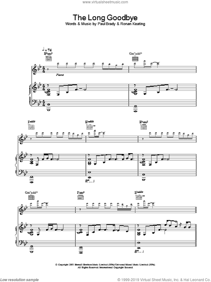 The Long Goodbye sheet music for voice, piano or guitar by Paul Brady, intermediate skill level
