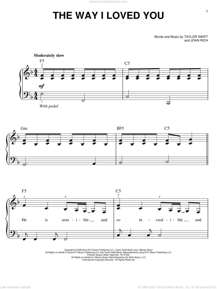 The Way I Loved You sheet music for piano solo by Taylor Swift and John Rich, easy skill level