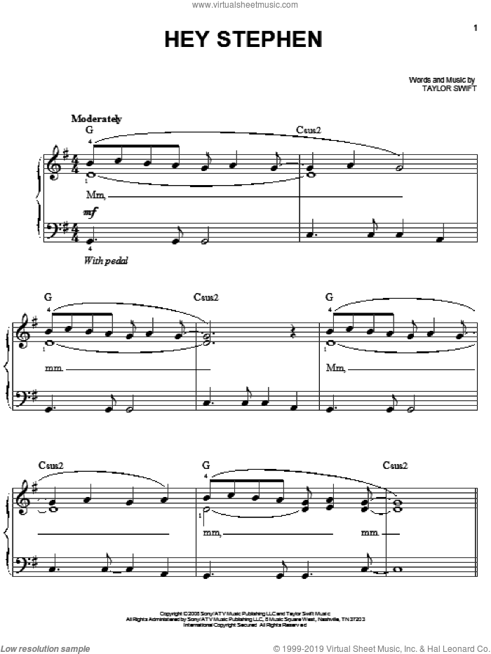 Hey Stephen sheet music for piano solo by Taylor Swift, easy skill level