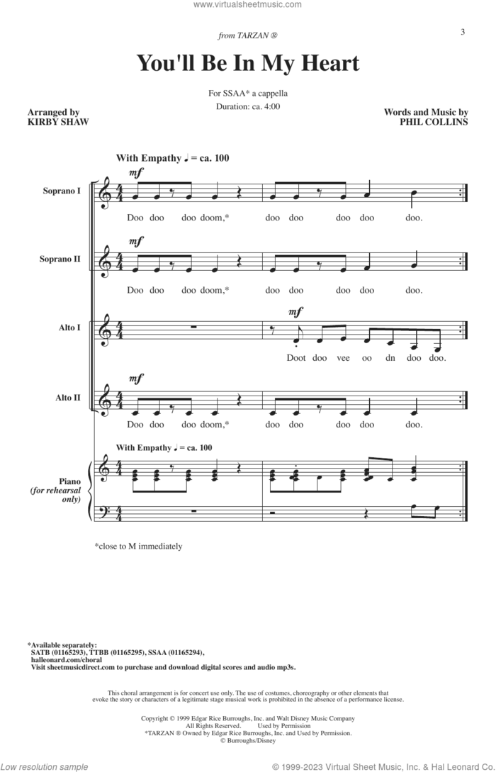 You'll Be In My Heart (Pop Version) (from Tarzan) (arr. Kirby Shaw) sheet music for choir (SSAA: soprano, alto) by Phil Collins and Kirby Shaw, intermediate skill level