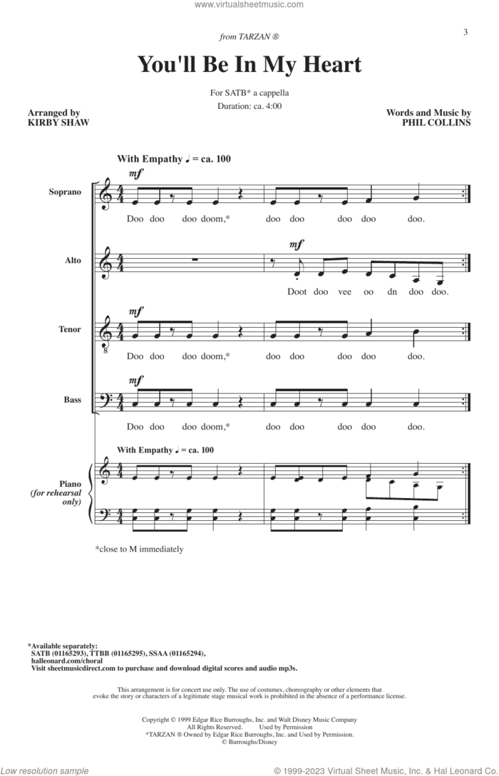 You'll Be In My Heart (Pop Version) (from Tarzan) (arr. Kirby Shaw) sheet music for choir (SATB: soprano, alto, tenor, bass) by Phil Collins and Kirby Shaw, intermediate skill level