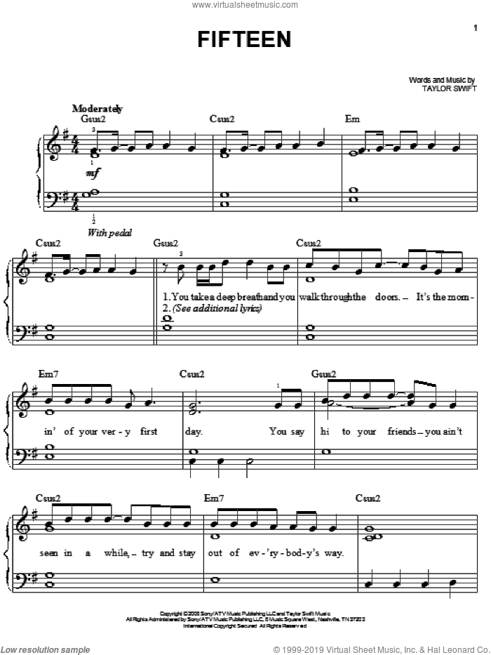 Fifteen sheet music for piano solo by Taylor Swift, easy skill level