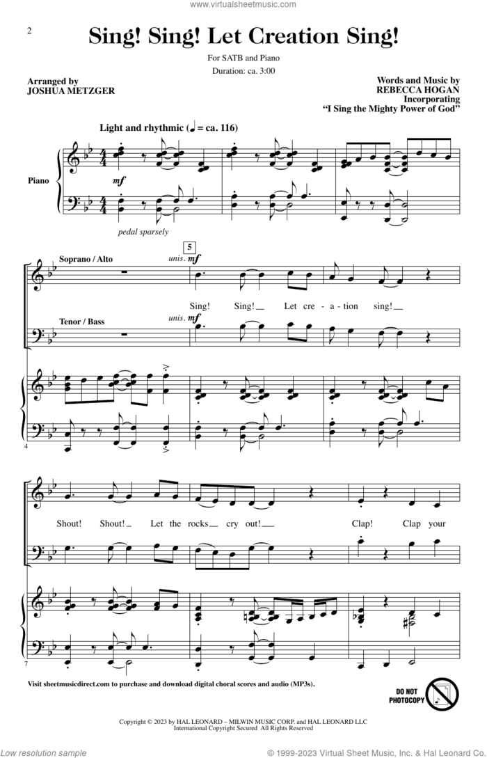 Sing! Sing! Let Creation Sing! (arr. Joshua Metzger) sheet music for choir (SATB: soprano, alto, tenor, bass) by Rebecca Hogan and Joshua Metzger, intermediate skill level