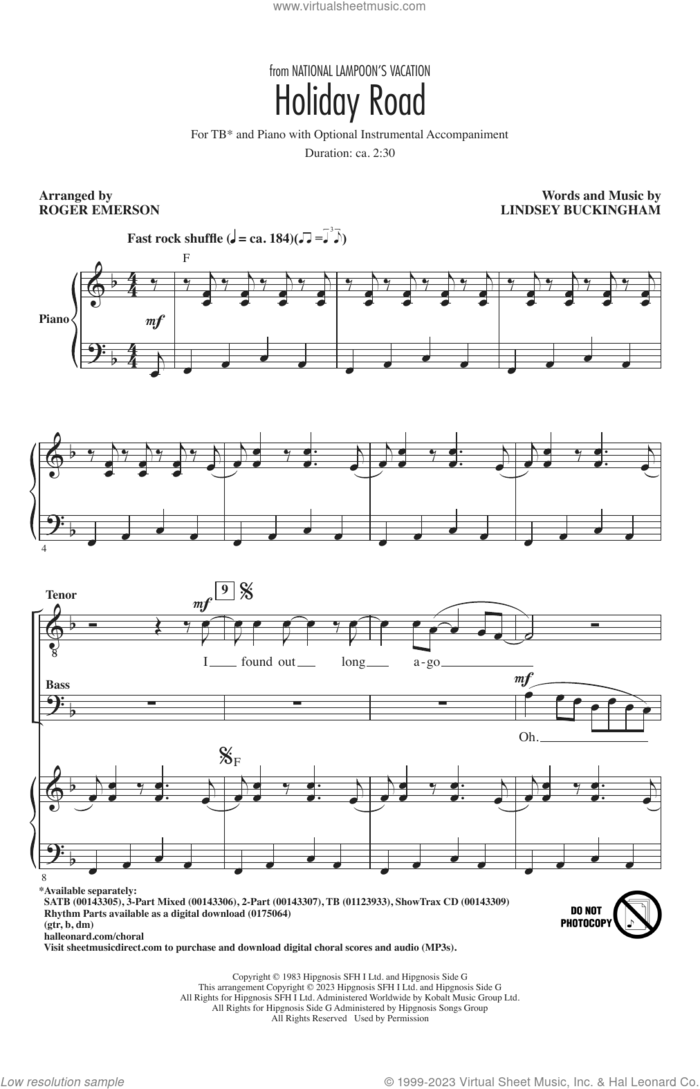 Holiday Road (from National Lampoon's Vacation) (arr. Roger Emerson) sheet music for choir (TB: tenor, bass) by Lindsey Buckingham and Roger Emerson, intermediate skill level