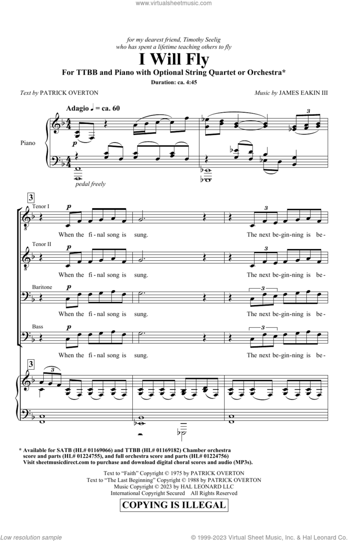 I Will Fly sheet music for choir (TTBB: tenor, bass) by James Eakin III and Patrick Overton, intermediate skill level