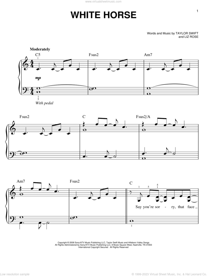 White Horse, (easy) sheet music for piano solo by Taylor Swift and Liz Rose, easy skill level