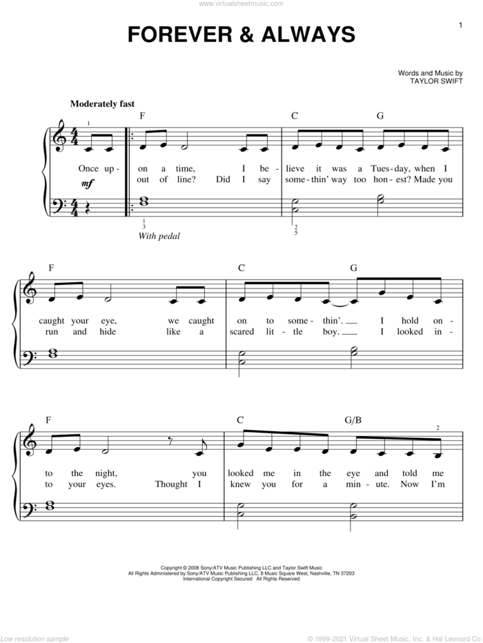 Forever and Always sheet music for piano solo by Taylor Swift, easy skill level