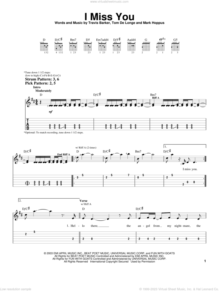 I Miss You sheet music for guitar solo (easy tablature) by Blink-182, Mark Hoppus, Tom DeLonge and Travis Barker, easy guitar (easy tablature)